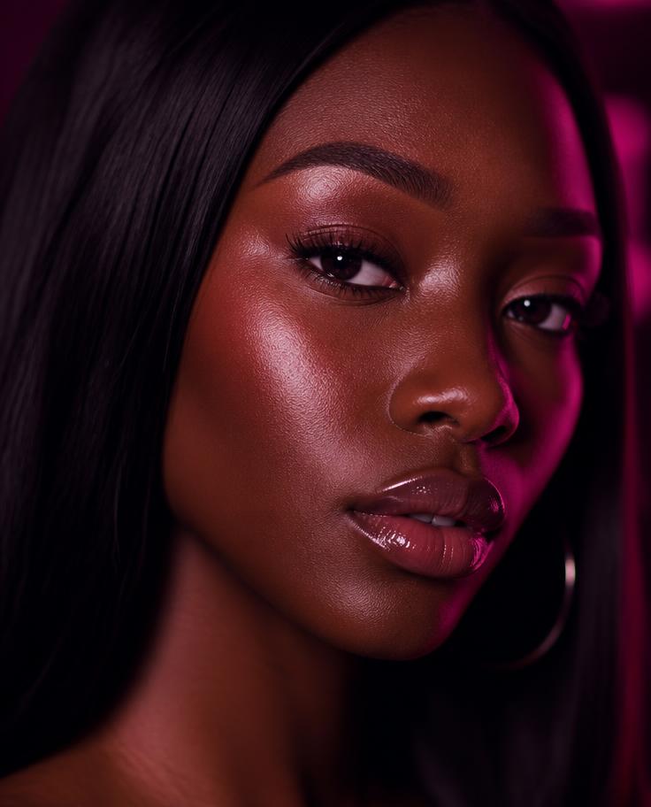 Belonger de pele negra e cabelo liso em luz magenta cinematográfica